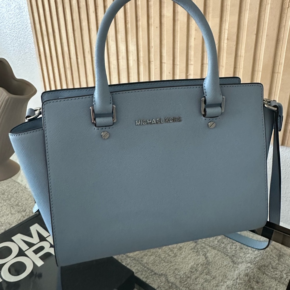 Michael Kors Blue Satchel with Saffiano Leather and Silver Hardware